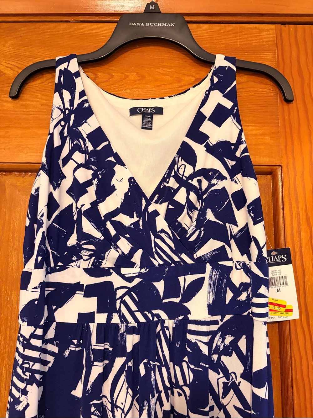 CHAPS Navy and White Printed V-Neck Sleeveless Dress